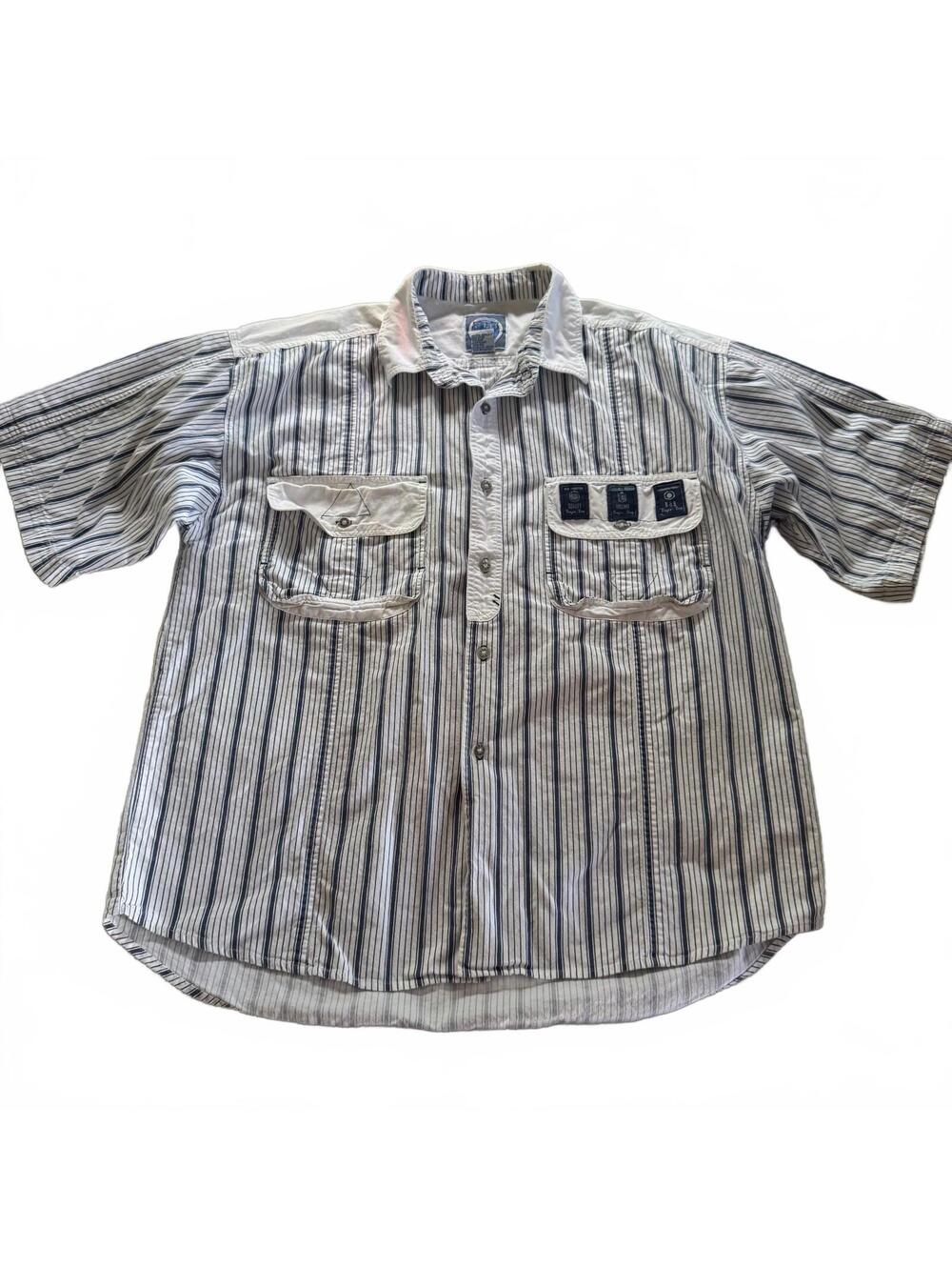 Vtg 90s BUM Equipment Pinstripe Shirt Mens Large White Blue Skater Button Down